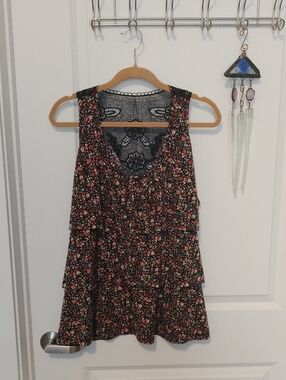 julie's closet Black Floral Tank with Pink Label and Lace Detail